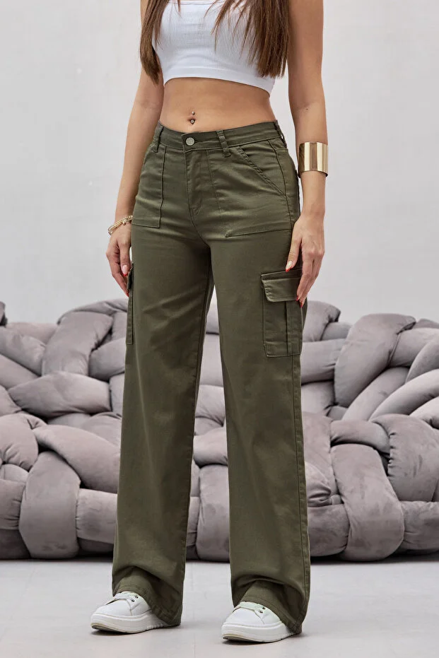 Haki Kargo Cepli Likralı Yüksek Bel Wide Leg Pantolon